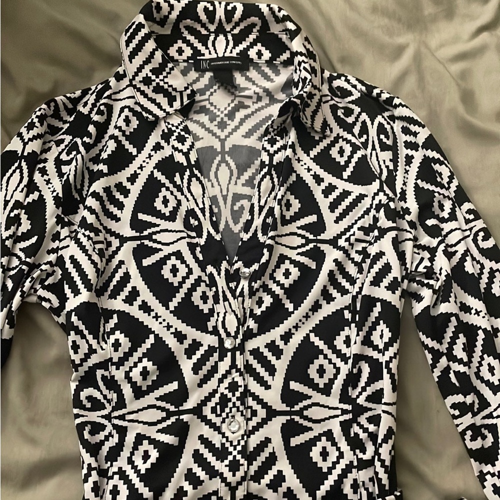 INC International Concepts White Black Collared Detail Button Up Dress Office - Picture 5 of 7